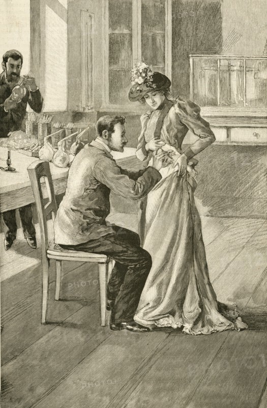 'Waldemar Haffkine (1860-1930) Russian bacteriologist , vaccinating a woman against Cholera at the Institut Pasteur. Huffkine developed vaccines against Cholera and Bubonic plague. Engraving, Paris, 1893.'