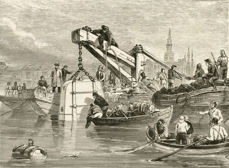 A Smeaton-type diving bell being lowered