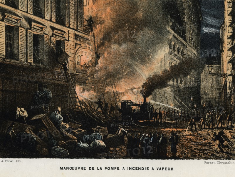 Fighting a Paris fire using a steam water pump, c1874.