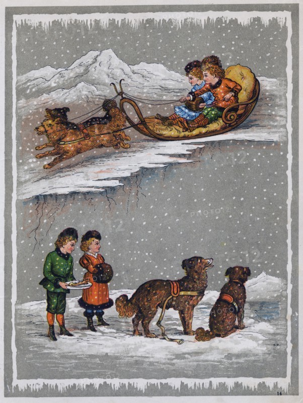 Children and their dogs in snow. Illustration c1890.