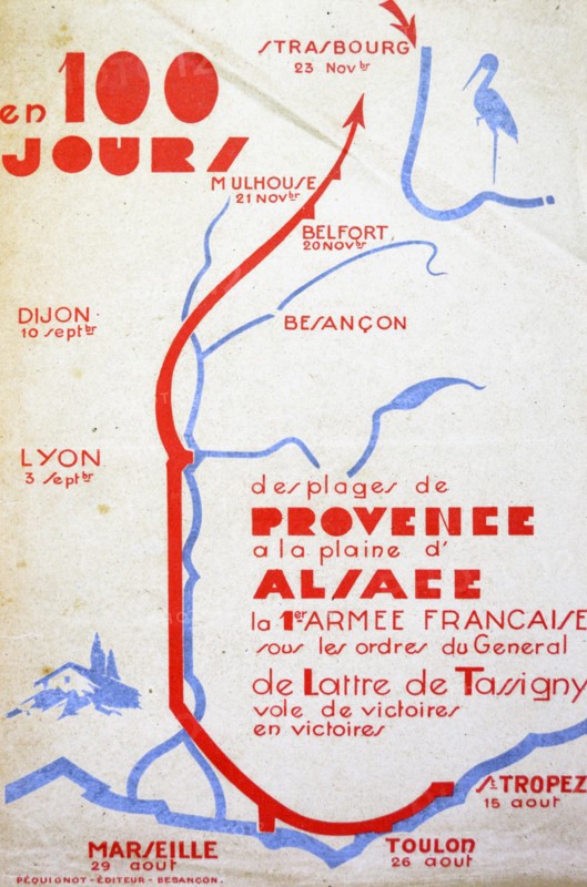 Map showing the victorious World War Two, route of Jean de Tassigny