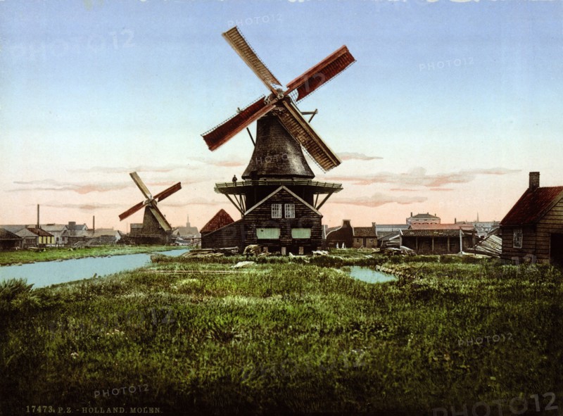 Two windmills, Holland between 1890 and 1900.