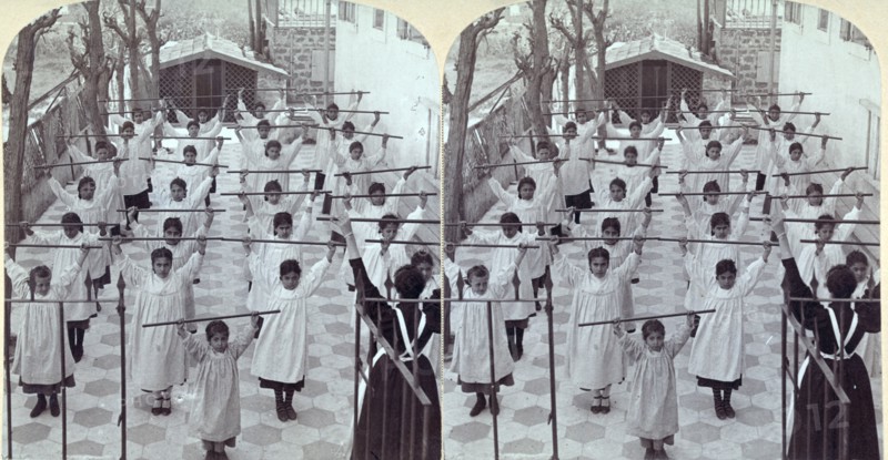 Calisthenics at Miss Arnot's Mission, Jaffa, Palestine.