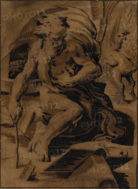 Diogenes with the featherless cock by Ugo da Carpi