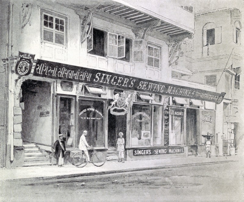 Illustration of the Singer Sewing Machine Office in Bombay, India.