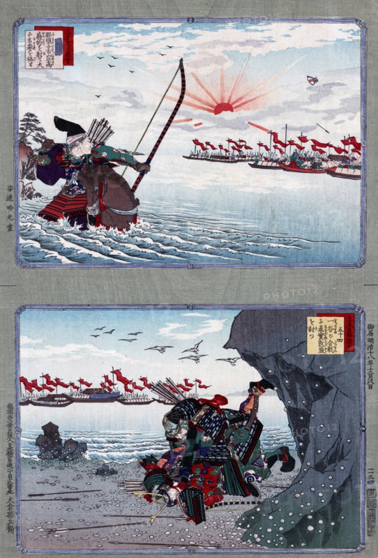 Japanese woodcut titled 'Nasu no Yoichi; Atsumori and Naozane' by Ginko Adachi