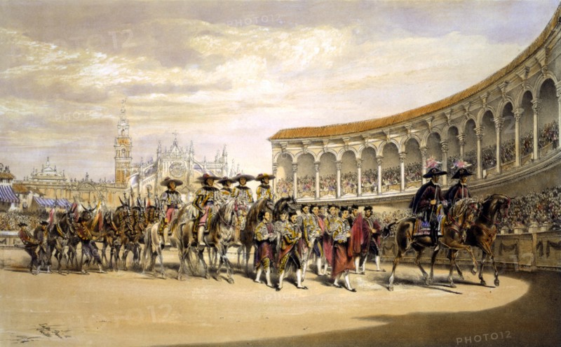 Colour lithograph depicting the entry of the Toreros in procession