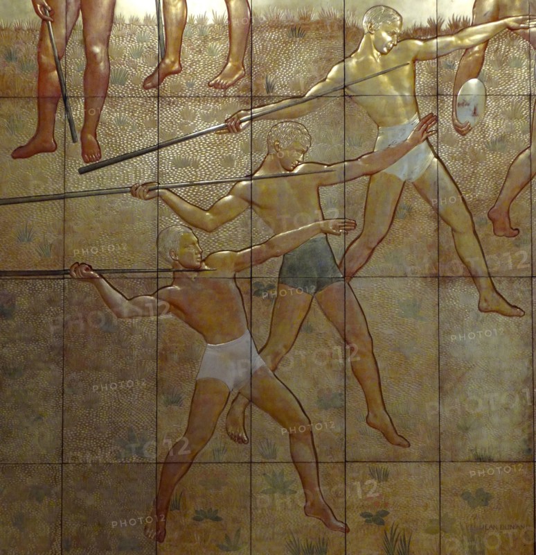 Stucco panels with gold lacquer titled 'Sports'