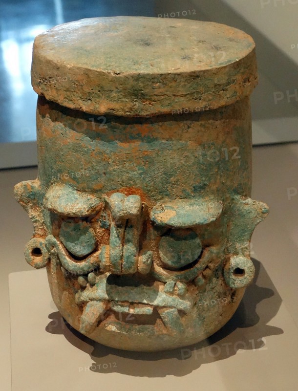 Ceramic vase depicting the Mayan rain deity, Chaac, Yucatan, Mexico