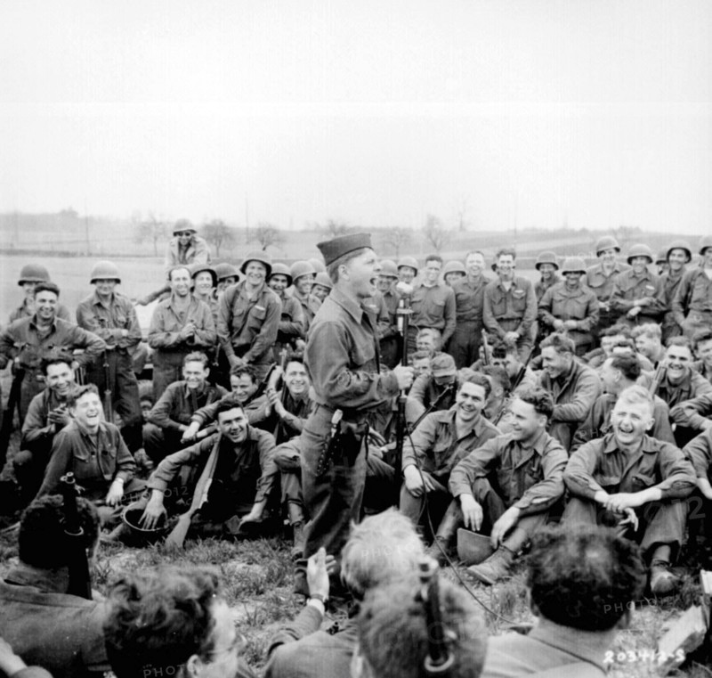 American actor Mickey Rooney, entertaining US troops in Germany in April 1945.