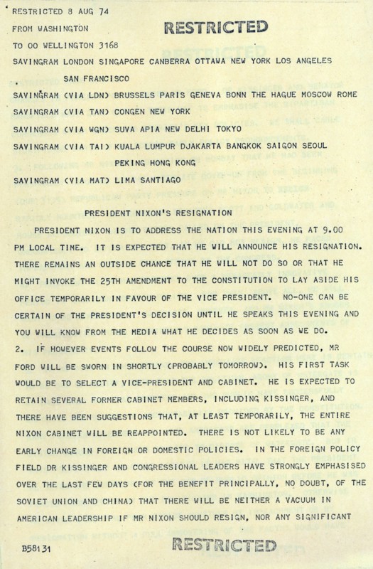 Telegram to US diplomats ahead of televised resignation of President Richard Nixon