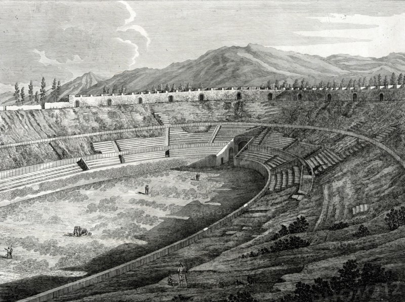 19th century drawing of the Amphitheatre at Pompeii Italy.
