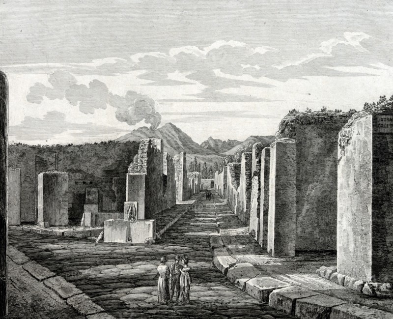 illustration showing tourists visiting the Roman ruins at Pompeii, in Italy, during their 'Grand Tour' of Europe. circa 1840