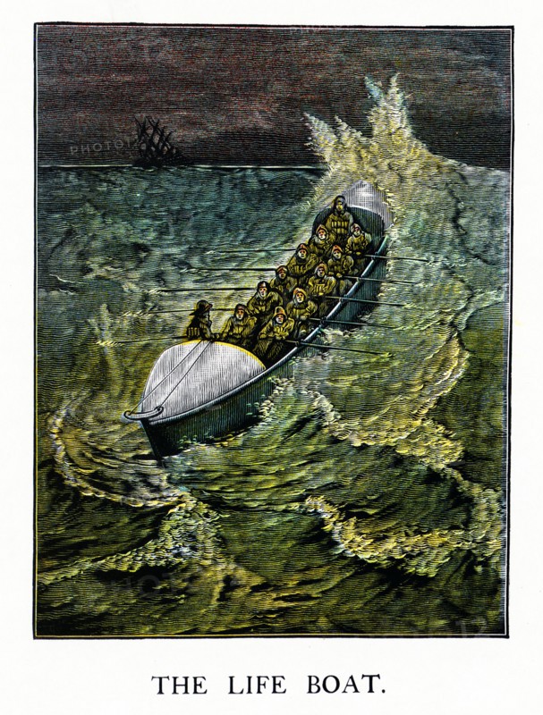 An American illustration of lifeboat with crew sailing in stormy seas