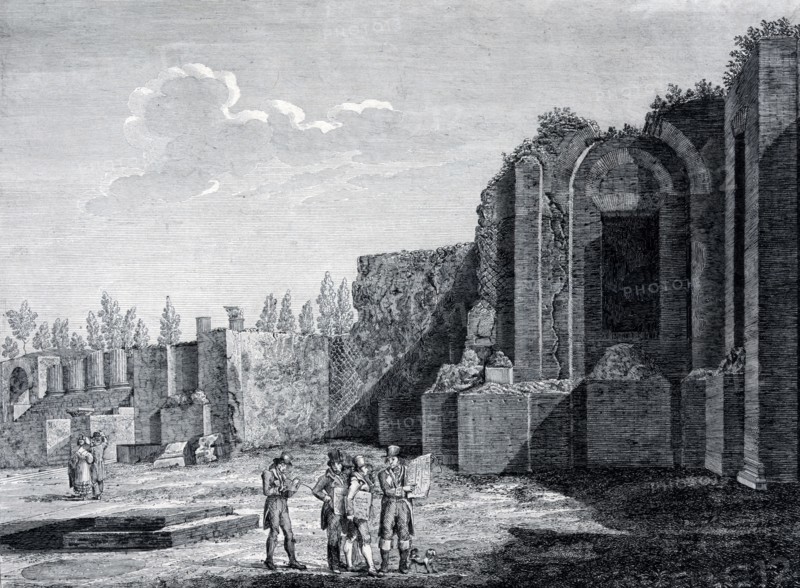 illustration showing tourists visiting the Roman ruins at Pompeii, in Italy, during their 'Grand Tour' of Europe. circa 1840