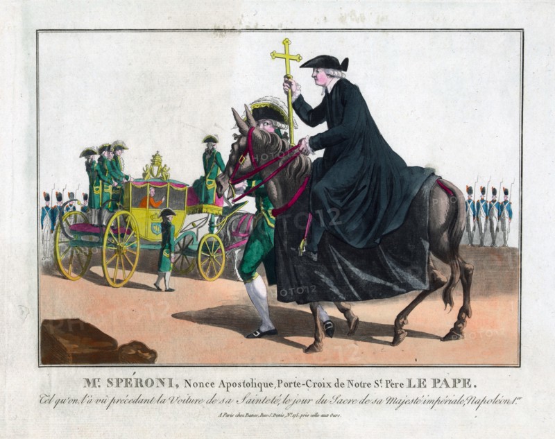 etching and aquatint depicting a papal nuncio, Mr. Speroni, on horseback being led by a guard, carrying the cross of the Pope to the coronation of Napoleon I at Notre Dame Cathedral