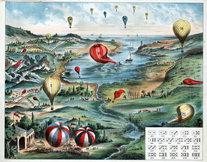 game board and instructions depicts a varied landscape and waterfront filled with numbered balloons