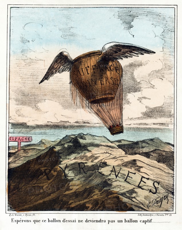 Hand-coloured lithograph a hot air balloon labelled 'Suffrage Universel' with wings floating above the Pyrenees and headed toward a sign labelled 'Espagne'
