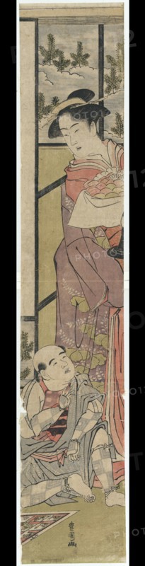 Print depicting a Japanese woman holding a tray of rice cakes, standing over a man sitting on the floor next to a game board