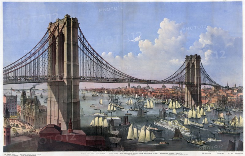 Colour lithograph of the Great East River suspension bridge