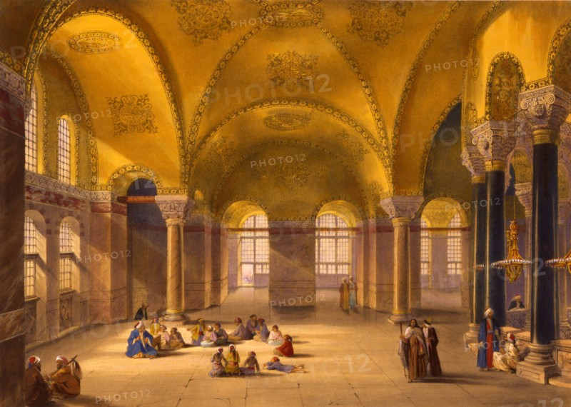 Colour lithograph of the interior of gynaeceum of Ayasofya Mosque