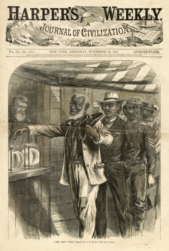 Political satire woodcut engraving illustration depicting a queue of African-American men casting their votes