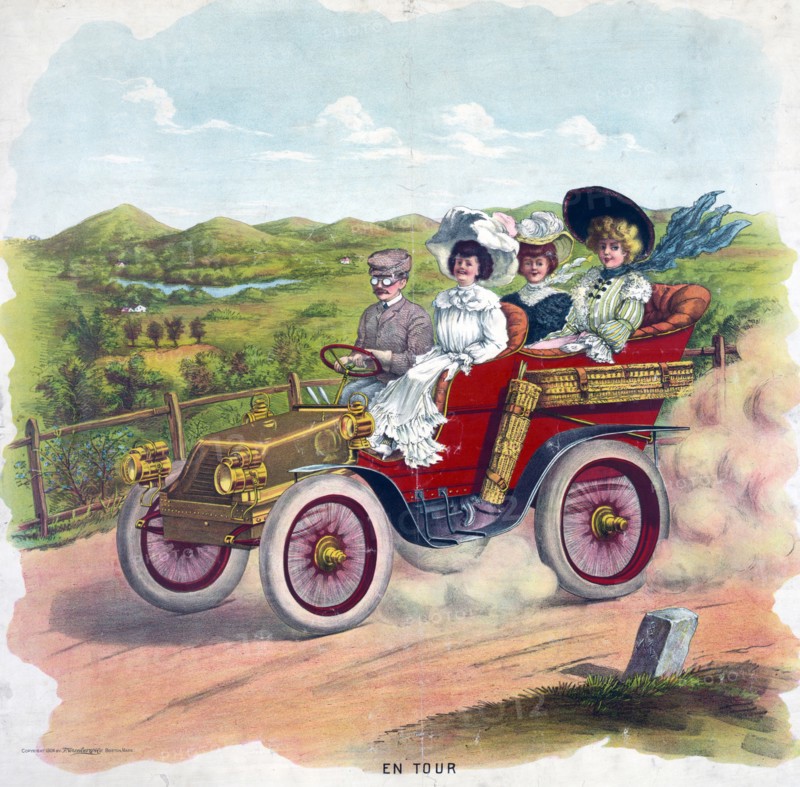 Three women and a man riding an automobile in the country, 1904.