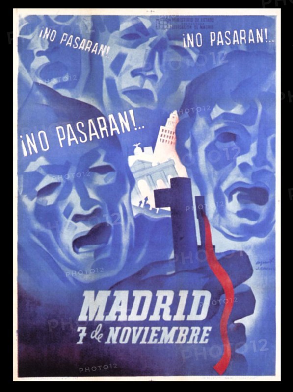7 Nov. 1937. Issued by the Ministry of Propaganda, Madrid Office. Issued to honour the people's defence of Madrid; its dominant blue colour may evoke the blue overalls that were standard worker's attire.