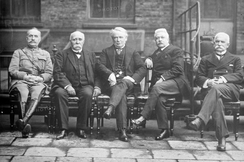Photograph shows French General Ferdinand Foch (1851-1929), French Prime Minister Georges Benjamin Clemenceau (1841-1929), British Prime Minister David Lloyd George (1863-1945), Italian Prime Minister Vittorio Emanuele Orlando (1860-1952) and Italian Minister of Foreign Affairs Baron Sidney Costantino Sonnino (1847-1922).