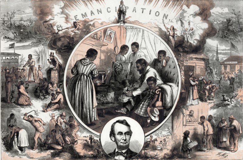 Emancipation from an engraved illustration by Thomas Nast 1840-1902 , c1865.