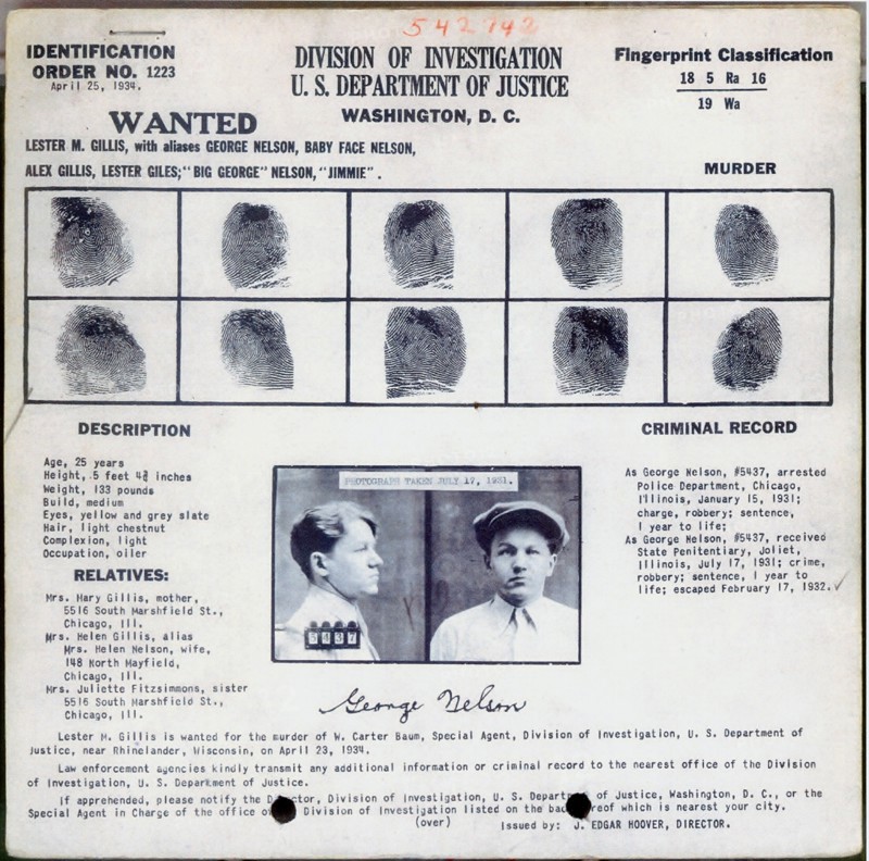 Fingerprints and photo of Lester Joseph Gillis (December 6, 1908 - November 27, 1934), knows under the pseudonym George Nelson, was a bank robber and murderer in the 1930's.