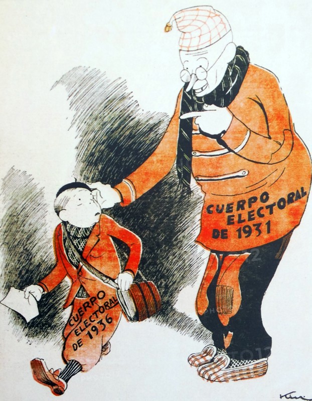 Political cartoon comparing the 1931 and 1936 Spanish General elections published 1935