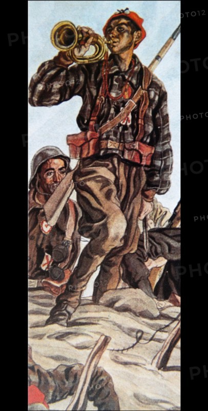 Carlist propaganda illustration of Carlist bugler playing.