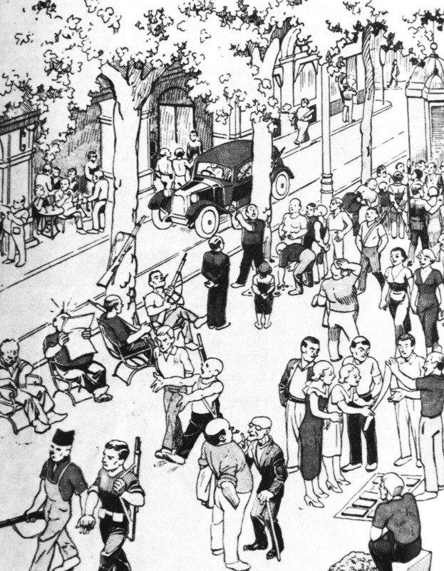 Cartoon showing Republican soldiers in battle, near Barcelona during the Spanish Civil War.