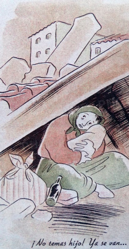 woman with baby sheltering in a ruined building, during the Spanish Civil War