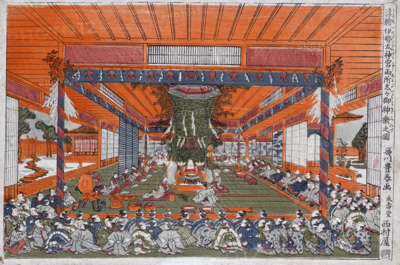 Perspective picture of the Daidai Kagura performance at the two sites, Ise Shrine.