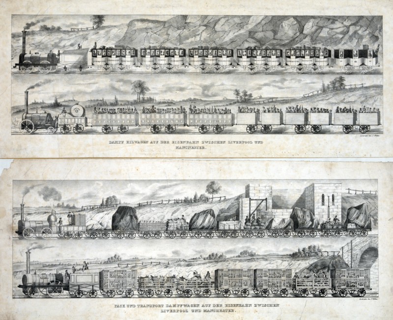 Print showing two views of passenger trains of the Liverpool and Manchester Railway Company