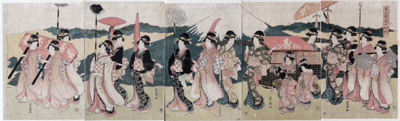 A procession of flowers before Mount Fuji
