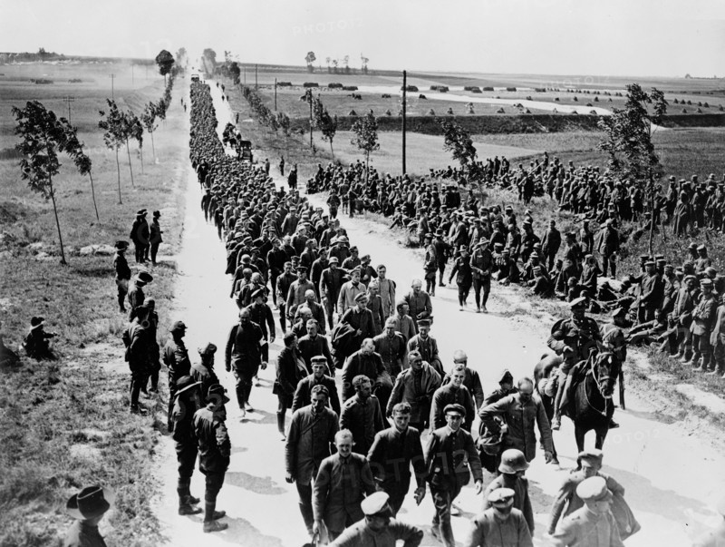 German prisoners in batches of 1,000 arriving at a prisoners of war cage