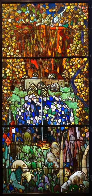 Stained-glass triptych titled 'The Blue Pool' by Joaquin Mir Trinxet