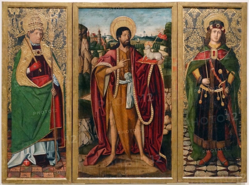 A triptych depicting St. John the Baptist , St. Fabian and St. Sebastian by Workshop of Miguel Ximénez