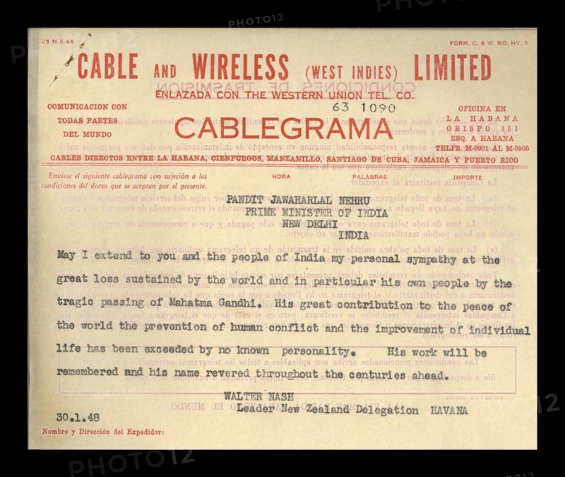 cable from New Zealand Prime Minister to Prime Minister of India on death of Mahatma Gandhi