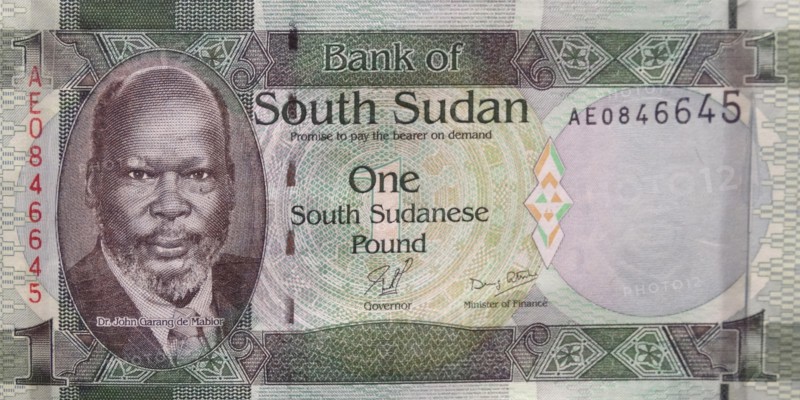 South Sudan banknote, 2011; features a portrait of John Garang
