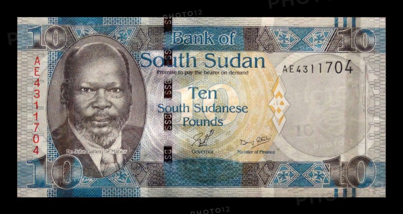 South Sudan banknote, 2011; features a portrait of John Garang
