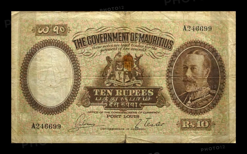 Colonial ten rupee banknote; Government of Mauritius, 1930