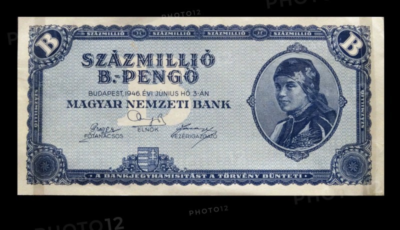 One hundred million billion pengd note, issued in Hungary, 1946. The largest denomination of banknote ever issued