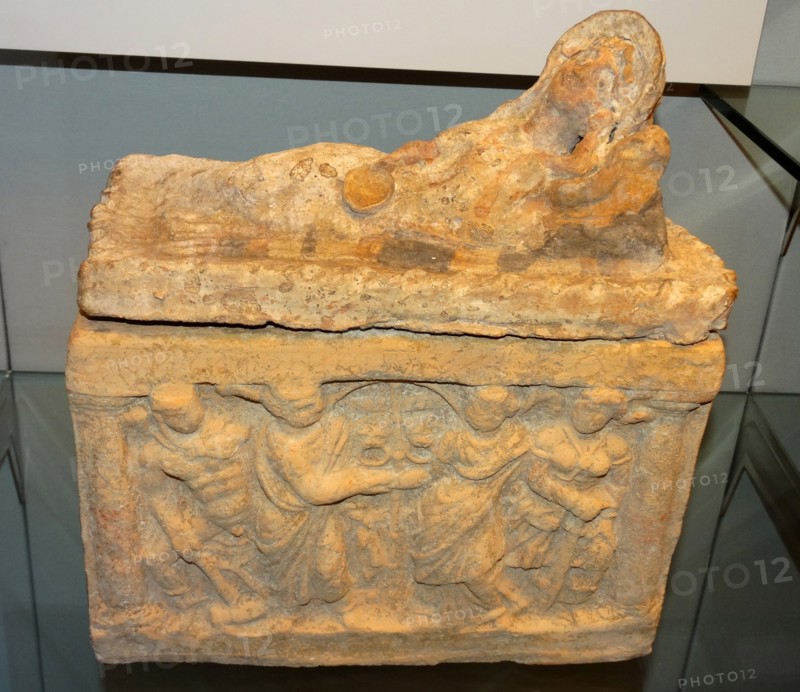 Terracotta cinerary urn, with a figure of a reclining woman; Etruscan, 100-50 BC From Chiusi