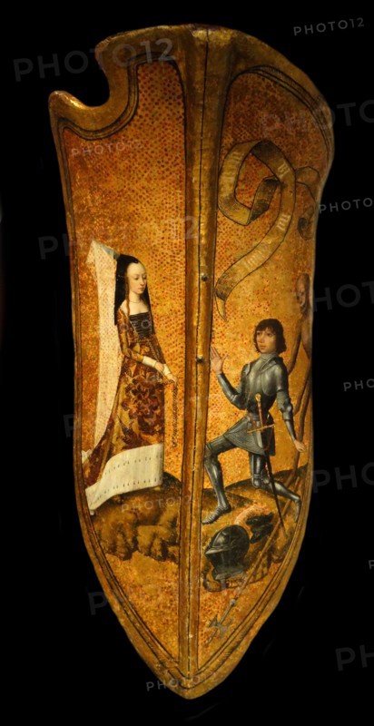 French medieval shield. Depicts a lady wearing a Flemish pointed headdress and a young knight. About 1475-1500