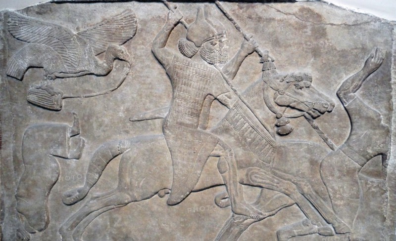 Wall frieze depicting a king or noble on horseback defeating an enemy. Assyrian, about 865-860 BC