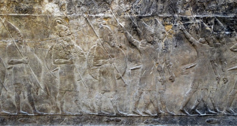 Wall frieze depicting Campaign against the town of -alammu. Assyrian, about 700-692 BC From Nineveh, Iraq.